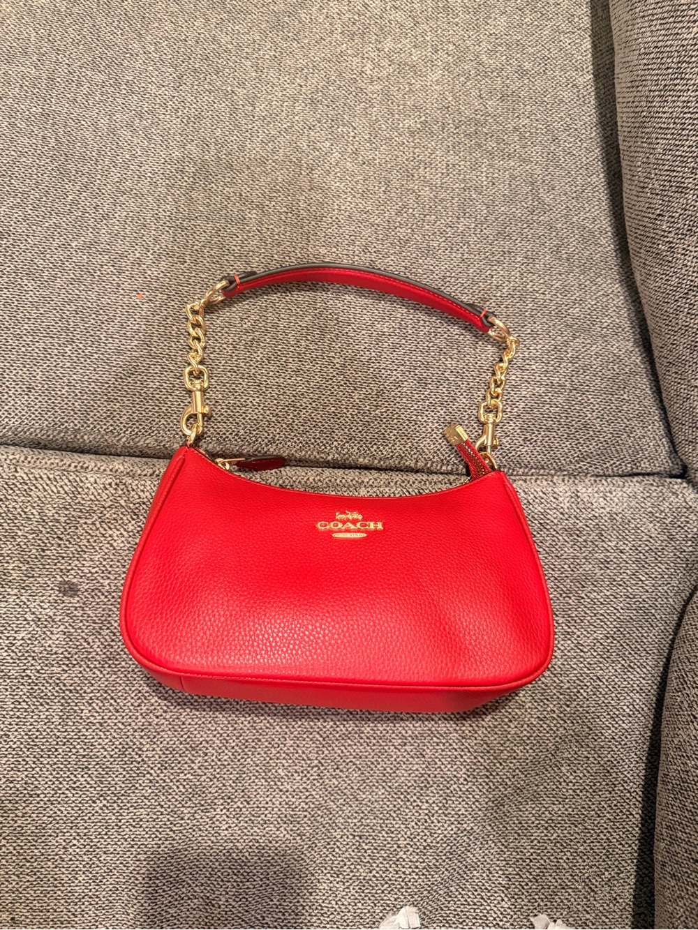 Coach Red Pebbled Leather Shoulder Bag with Gold Chain Handle